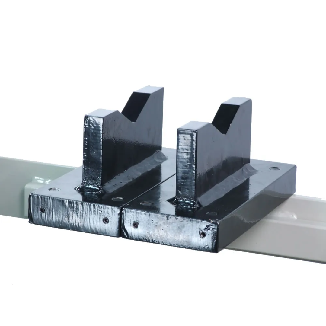 V-block support set included with Baileigh Shop Press: H Frame, 9.8" Stroke 1004859 for securely holding shafts, tubing, and cylindrical components during pressing operations.
