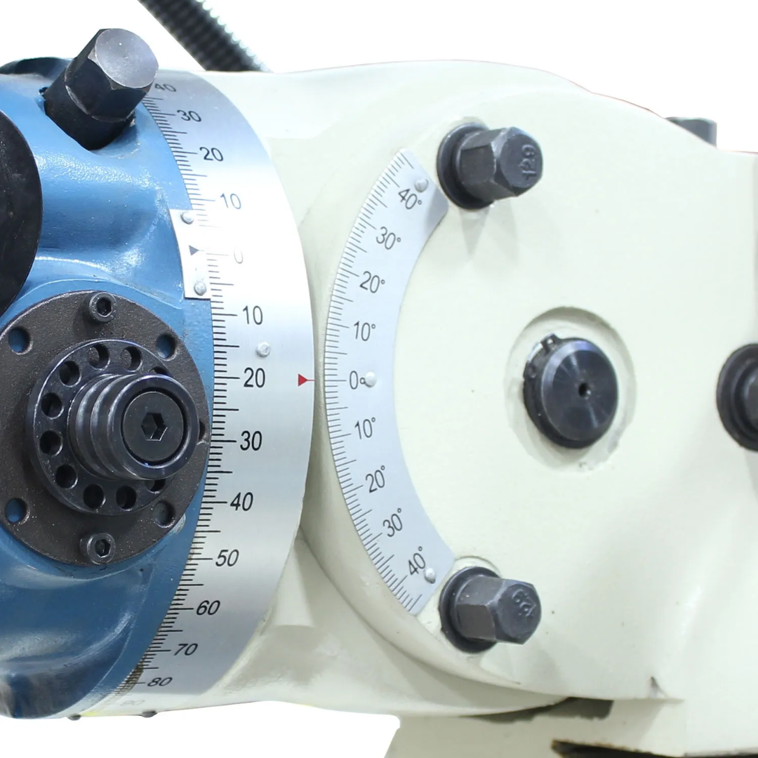 Variable-speed spindle head adjustment on the Baileigh Vertical Knee Mill - VM-942E-1 1020695 for accurate spindle positioning and machining control.
