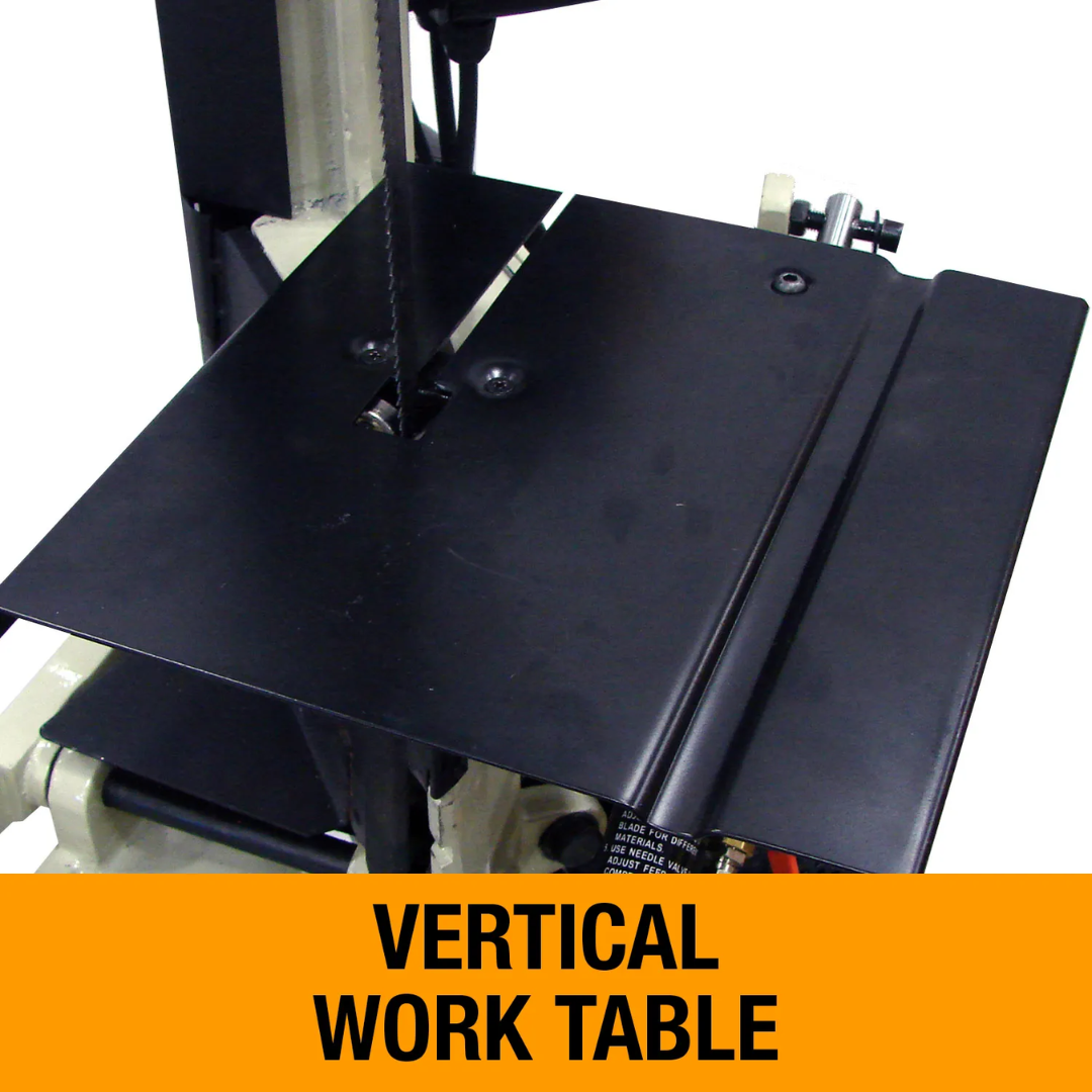 Vertical work table on the Baileigh Portable Metal Cutting Band Saw - BS-128M 1001095 for precision freehand metal cutting applications.