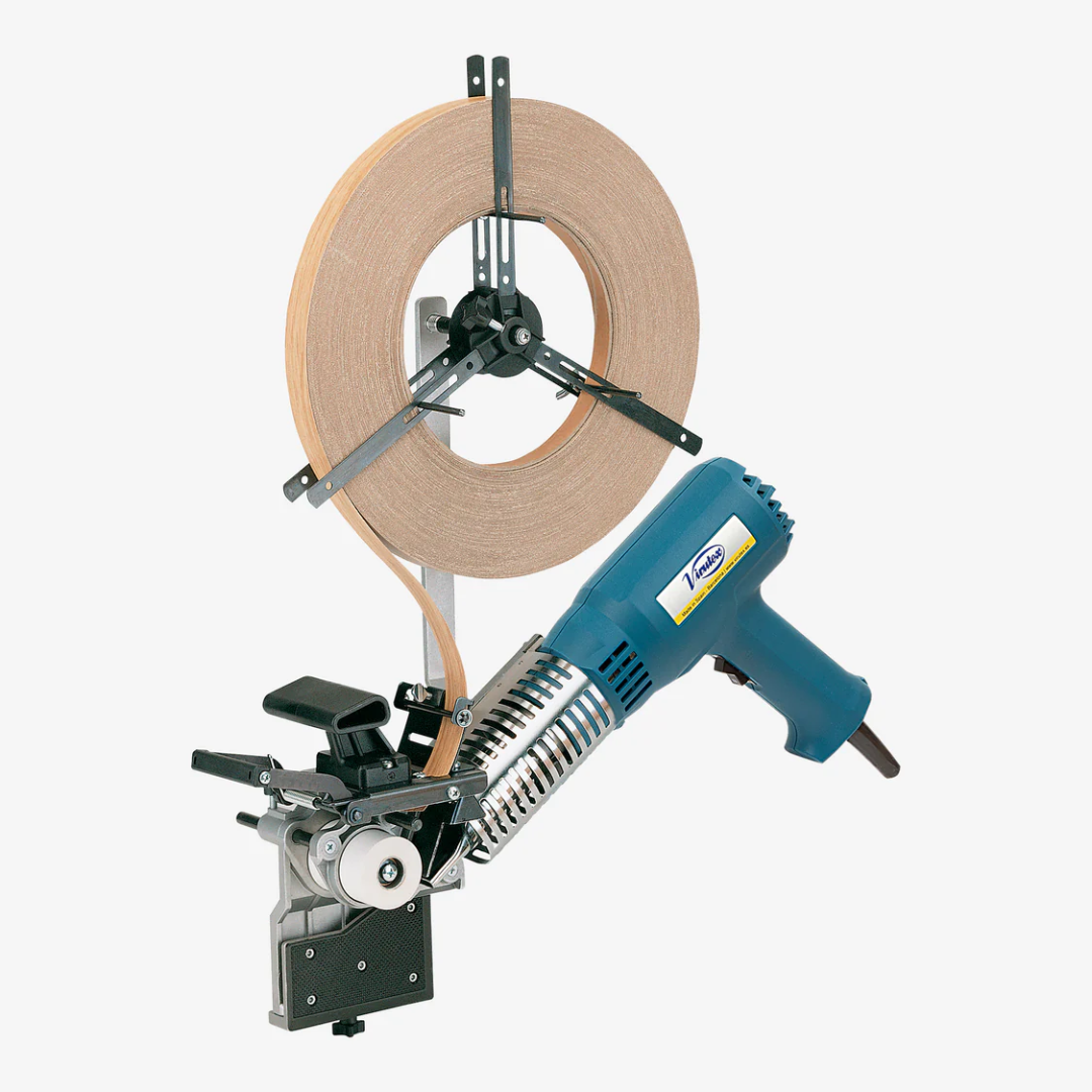 Virutex AG98E Hot Air Edgebander For Tapes Portable Edging 5200399 showing full handheld unit with tape roll holder and ergonomic design