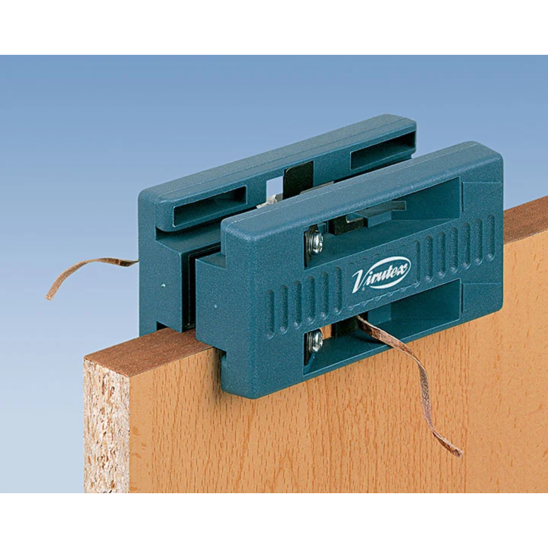 Virutex AU93 Double Edge Trimmer And Scraper + RC21E Manual End Trimmer SET 2800086 in use trimming both sides of edge banding for precise and clean finishing.