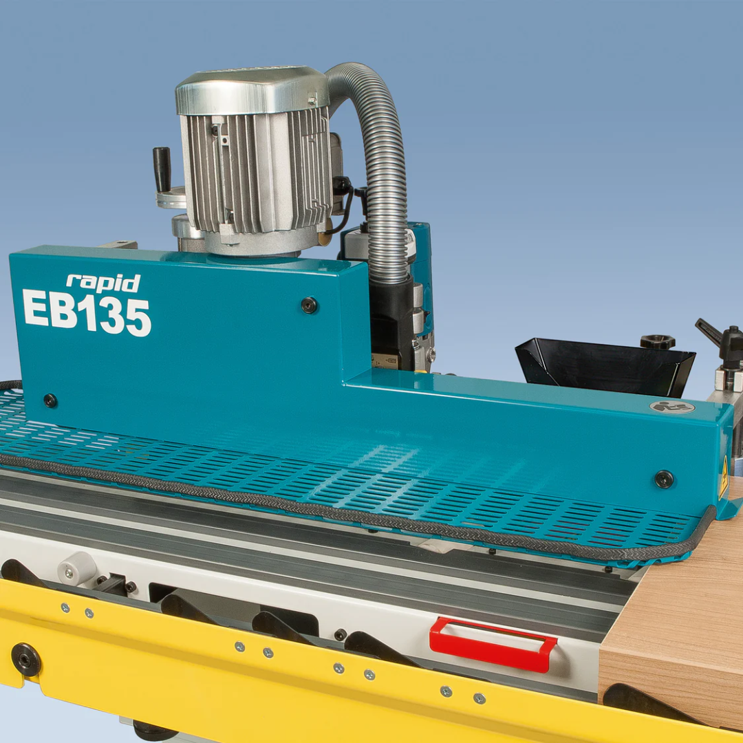 Virutex Automatic Hot Melt Edgebander Rapid EB135 8500295 in operation applying edge banding tape to panel edge with precision feed system