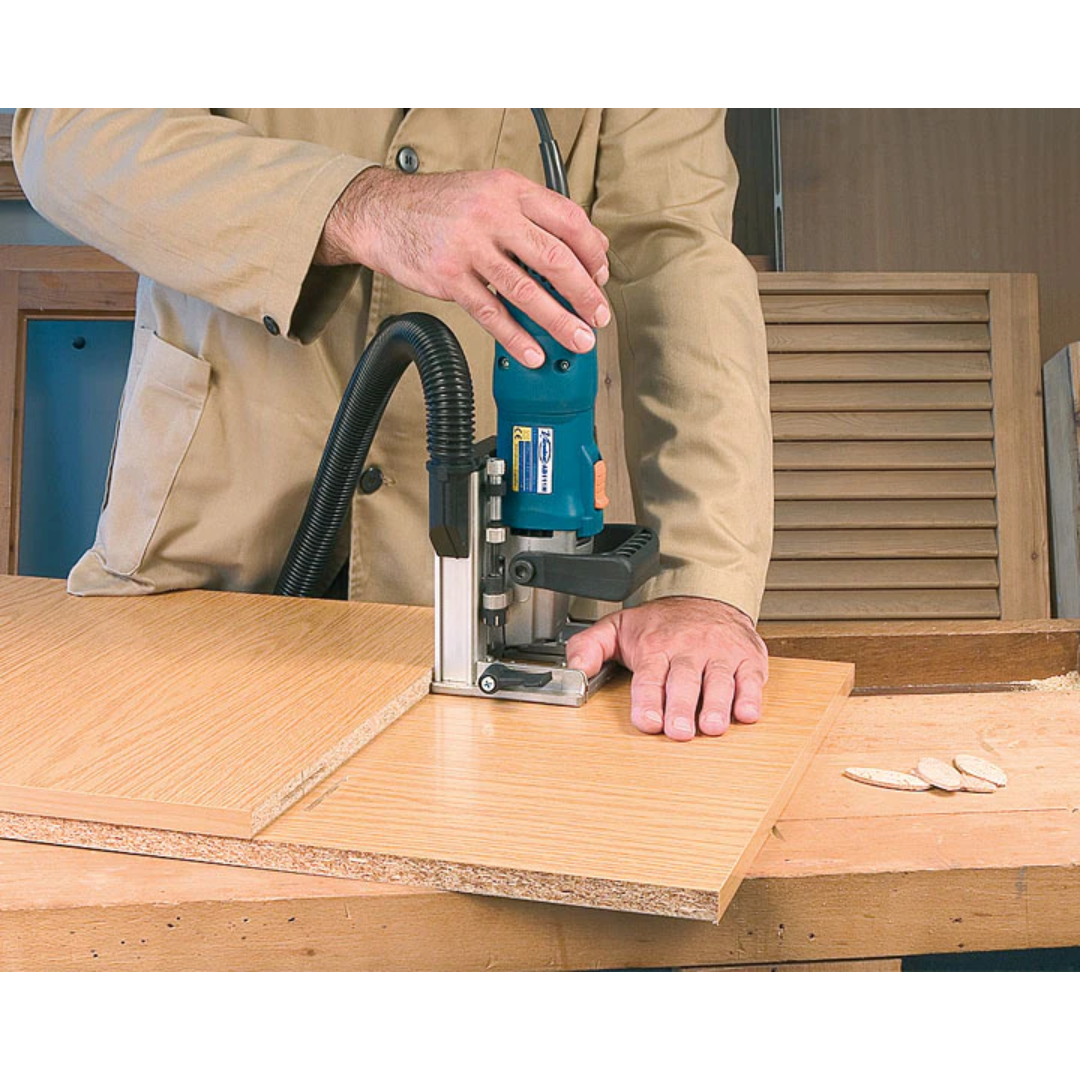 Virutex Biscuit Joiner AB111N For Strong Panel Joints (120V) 7900299 close-up of fence adjustment and grooving mechanism