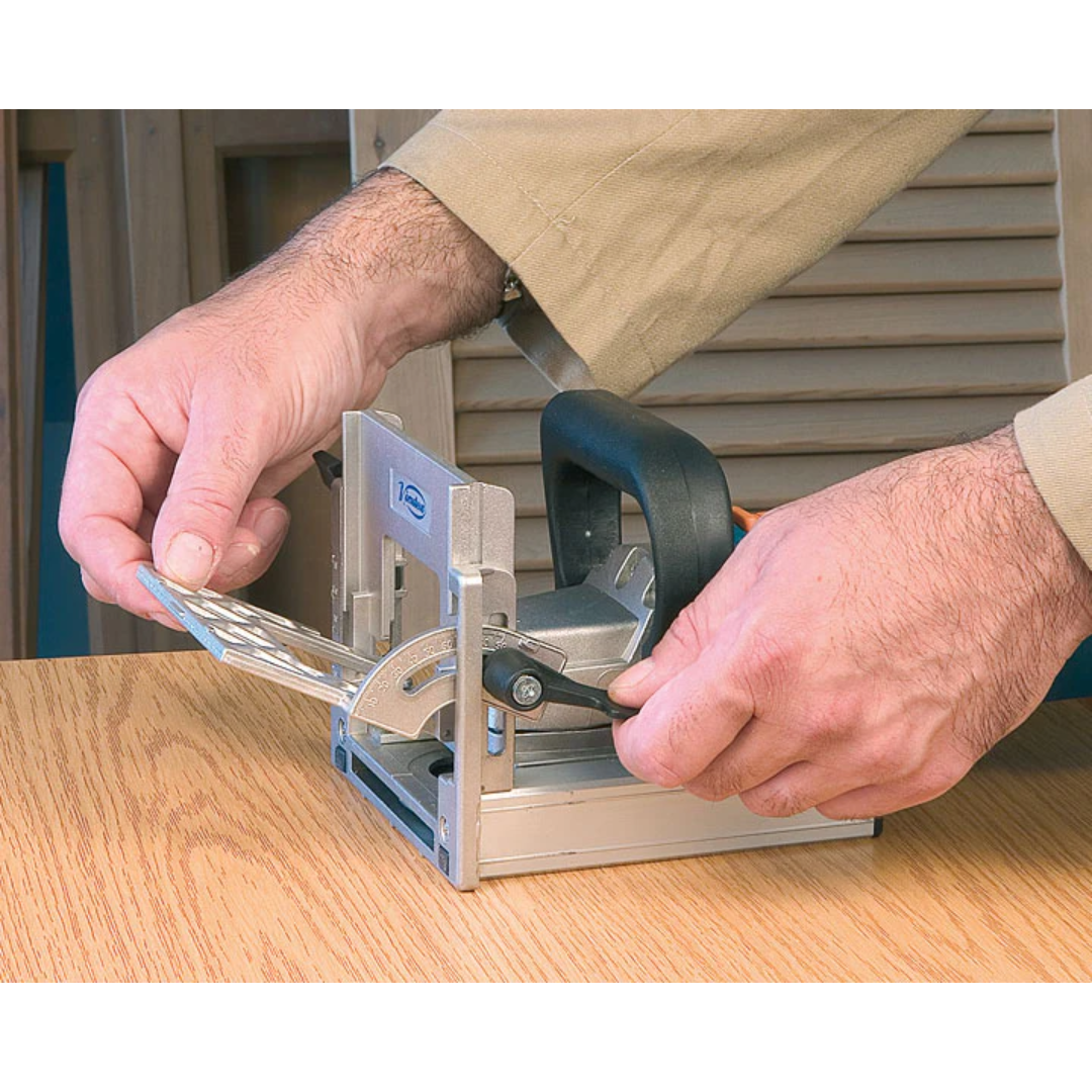 Virutex Biscuit Joiner AB111N For Strong Panel Joints (120V) 7900299 in use cutting biscuit slots with accurate fence alignment
