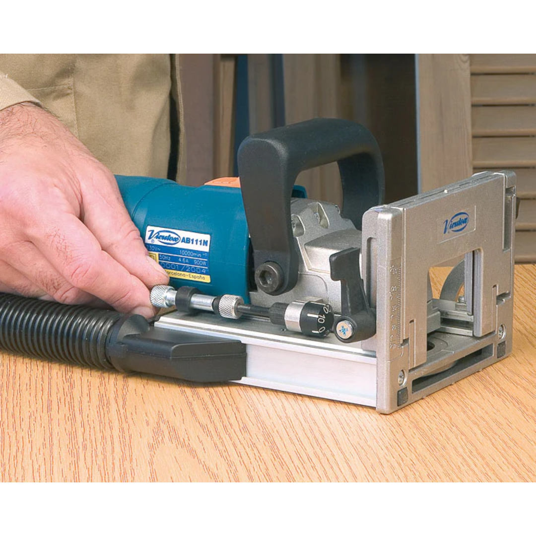 Virutex Biscuit Joiner AB111N For Strong Panel Joints (120V) 7900299 performing edge joining on wood panels with precision control