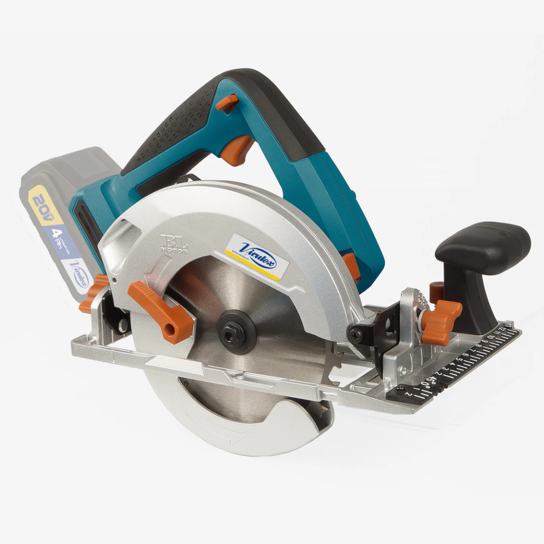Virutex Cordless Circular Saw SRB165 7400700 angled view showing compact design with blade guard and ergonomic handle