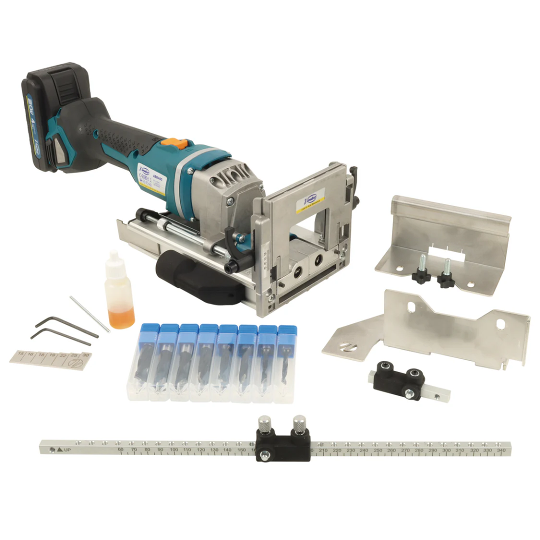 Virutex Cordless Dowel Jointer TWOO ABB400 (With 2 Batteries & Charger) 7900801 complete kit including dowel jointer, batteries, charger, and accessories for woodworking applications
