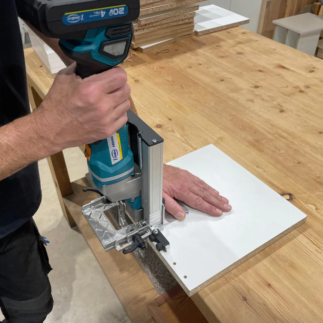 Virutex Cordless Dowel Jointer TWOO ABB400 (With 2 Batteries & Charger) 7900801 drilling dowel joints on flat surface with controlled depth and cordless flexibility