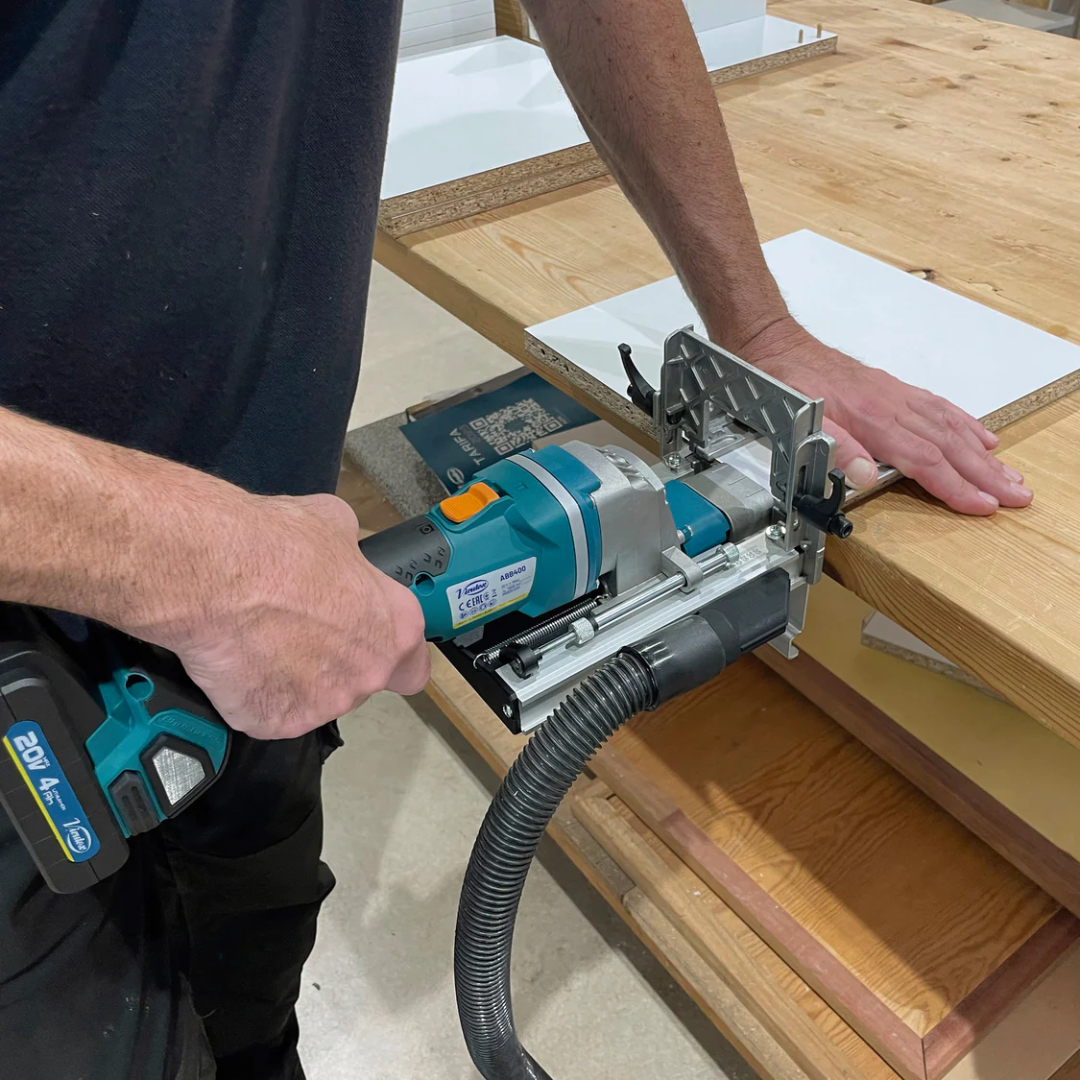 Virutex Cordless Dowel Jointer TWOO ABB400 (With 2 Batteries & Charger) 7900801 in operation creating accurate dowel holes with cordless mobility and dust extraction system