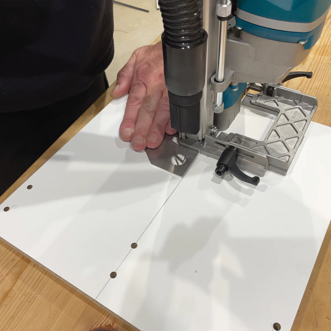 Virutex Cordless Dowel Jointer TWOO ABB400 (With 2 Batteries & Charger) 7900801 vertical drilling operation on panel surface ensuring accurate dowel alignment