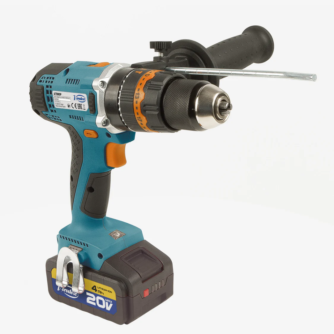 Virutex Cordless Impact Drill/Screwdriver ATB80P shown in full view with heavy-duty chuck, auxiliary handle, and battery pack.