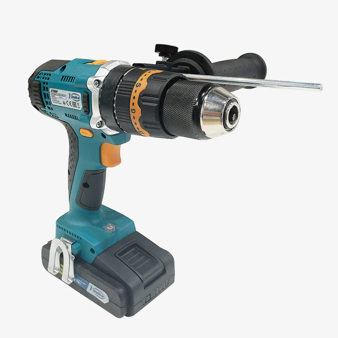 Virutex Cordless Impact Drill/Screwdriver ATB80P shown in full view with heavy-duty chuck, auxiliary handle, and battery pack