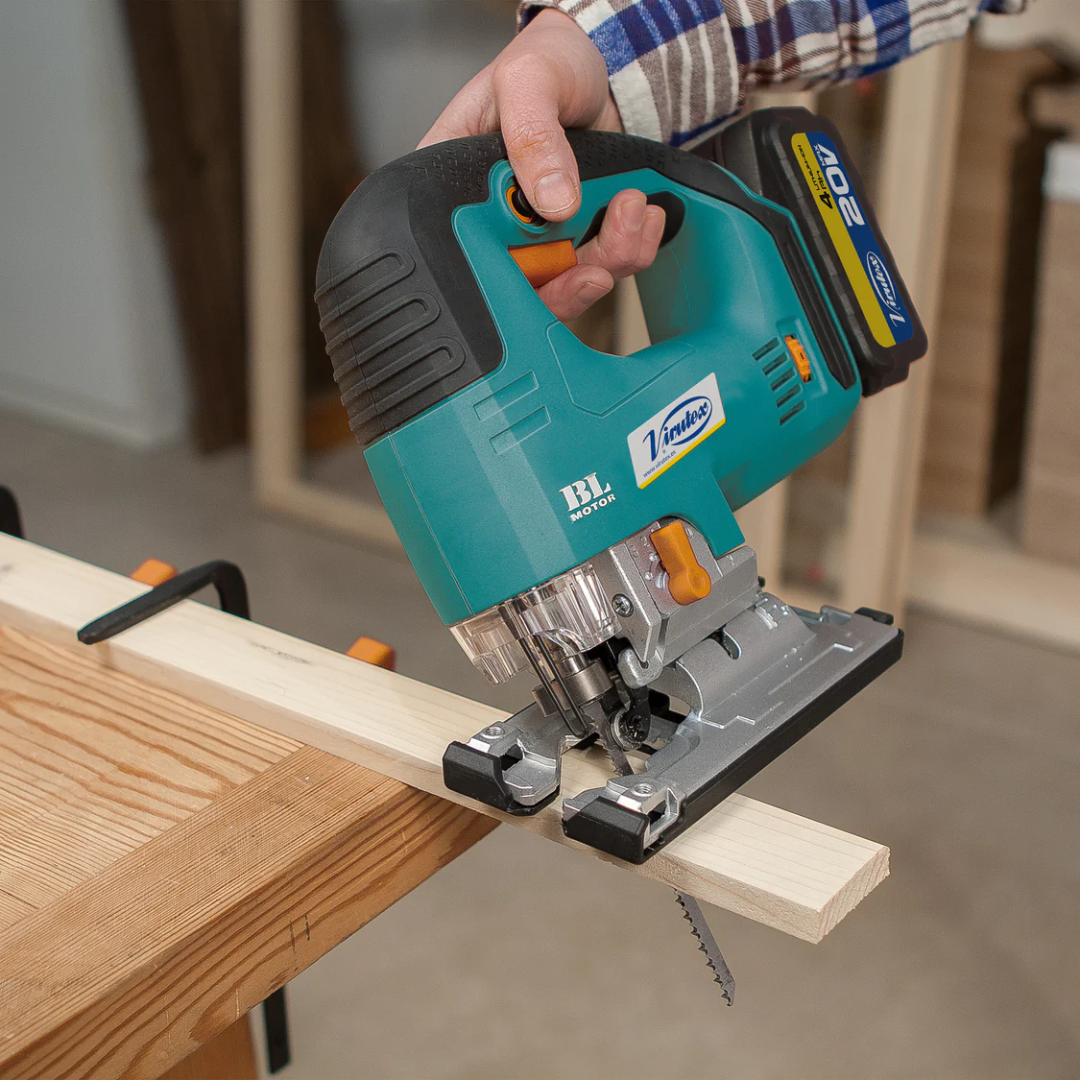 Virutex Cordless Jig Saw SCB324 in use cutting wood with guided straight cut and stable base support