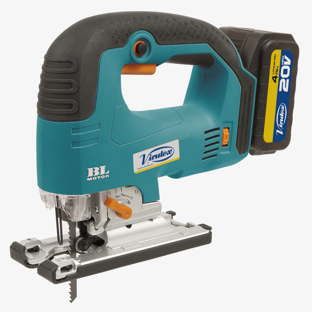 Virutex Cordless Jig Saw SCB324 shown in full view with ergonomic handle, battery pack, and precision cutting base plate