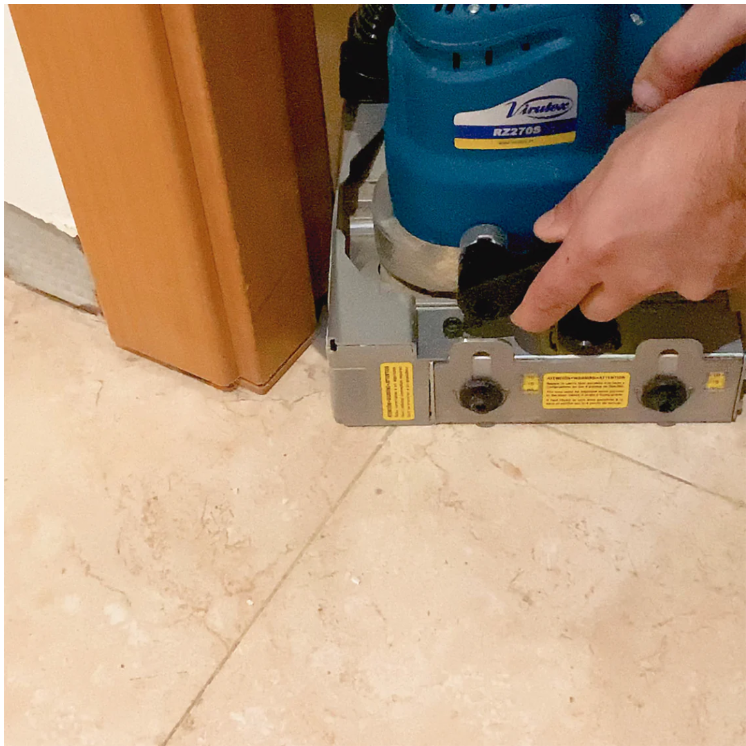 Virutex Cutting Machine For Doors RZ270S 7000399 in use cutting hinge or lock recess into wooden door with precision