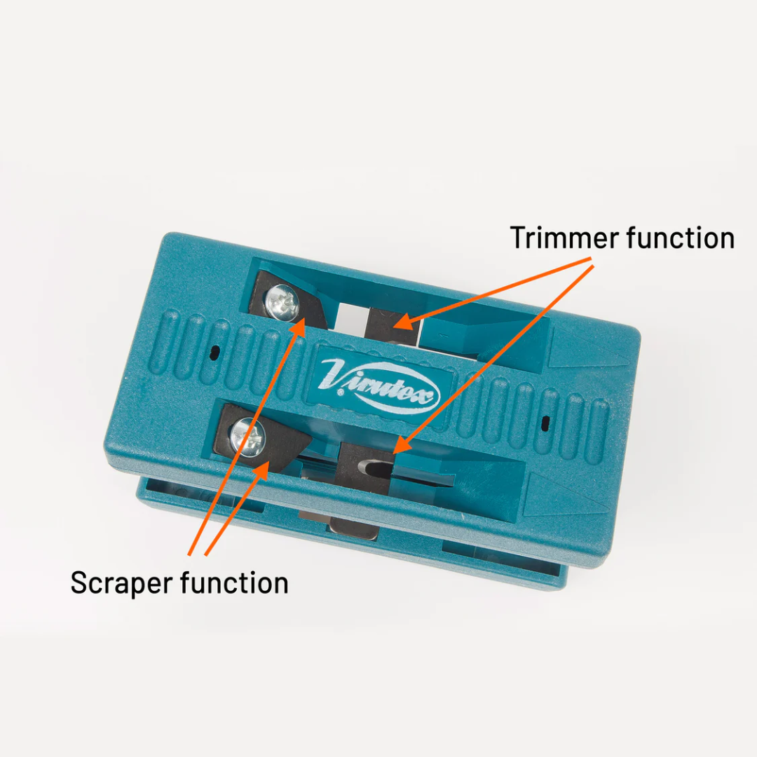 Virutex Double Edge Trimmer & Scraper AU93 2800000 highlighting trimmer and scraper functions with adjustable configuration for different edge finishing tasks.