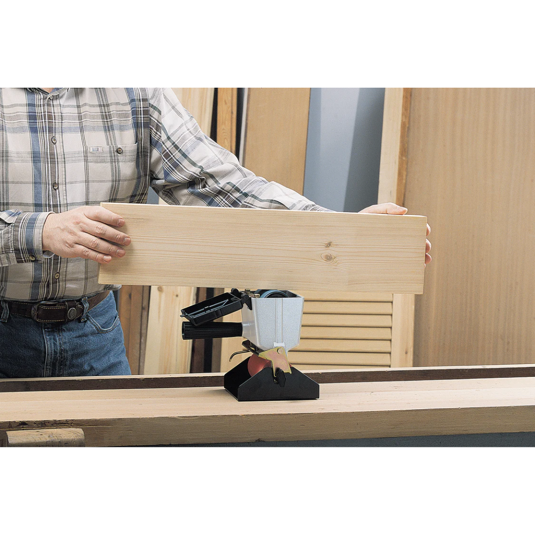 Virutex EM125T Handheld Gluer With Upper Roller 2500300 being used on wooden panel showcasing consistent glue application for edge banding and assembly work.