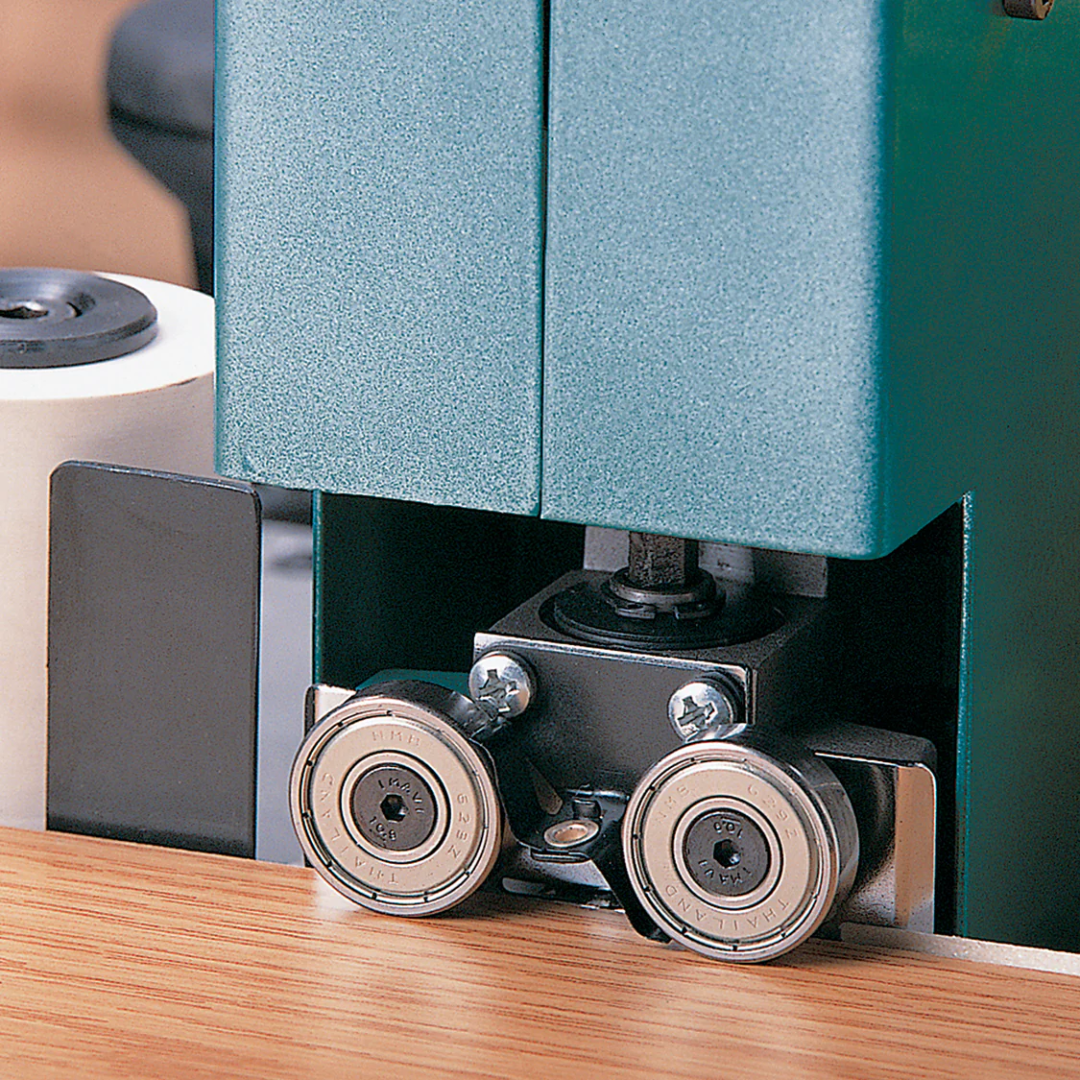 Virutex Edgebander EB25 (220V) For Pre-Glued Tapes 6300099 close-up of pressure rollers ensuring firm and even adhesion