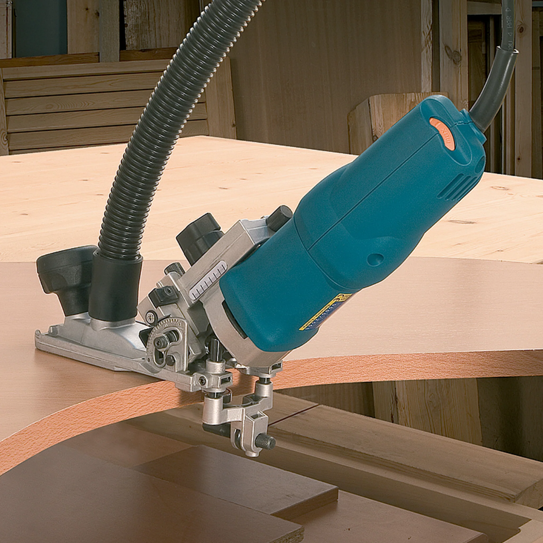 Virutex FR292R Electronic Tiltable Trimmer (120V) 9200499 in use trimming curved panel edge with guide system