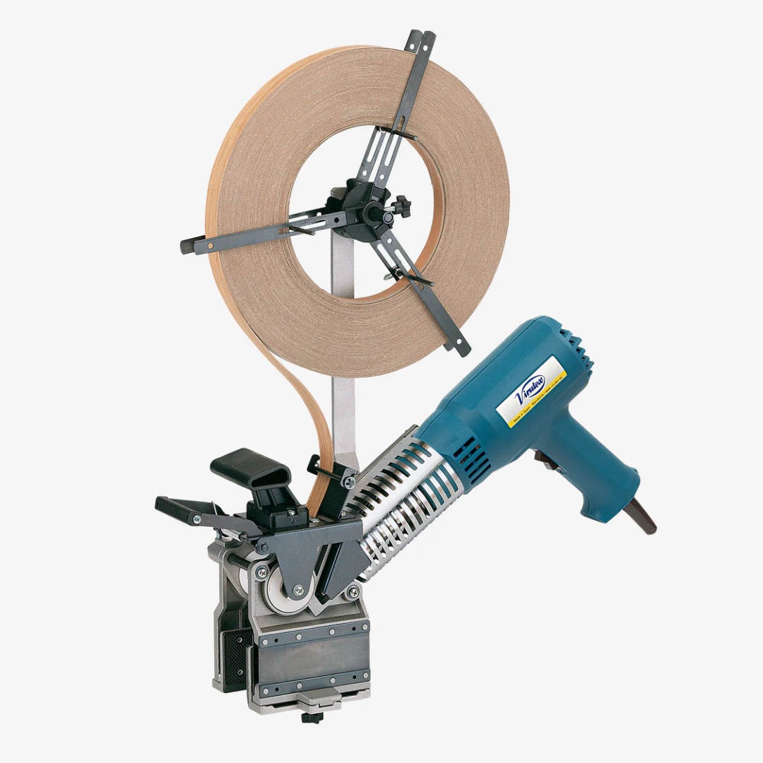 Virutex Hand-Held Hot Air Edgebander AG98F 120V 5200299 showing complete unit with tape roll holder and ergonomic handle design