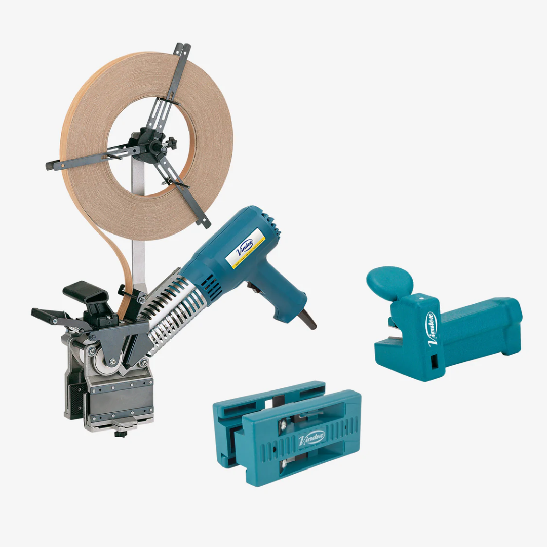 Virutex Hand-Held Hot Air Edgebander Set AG52F AG98F AU93 RC21E 5200199 showing complete kit with edgebander, tape roll holder, and accessories