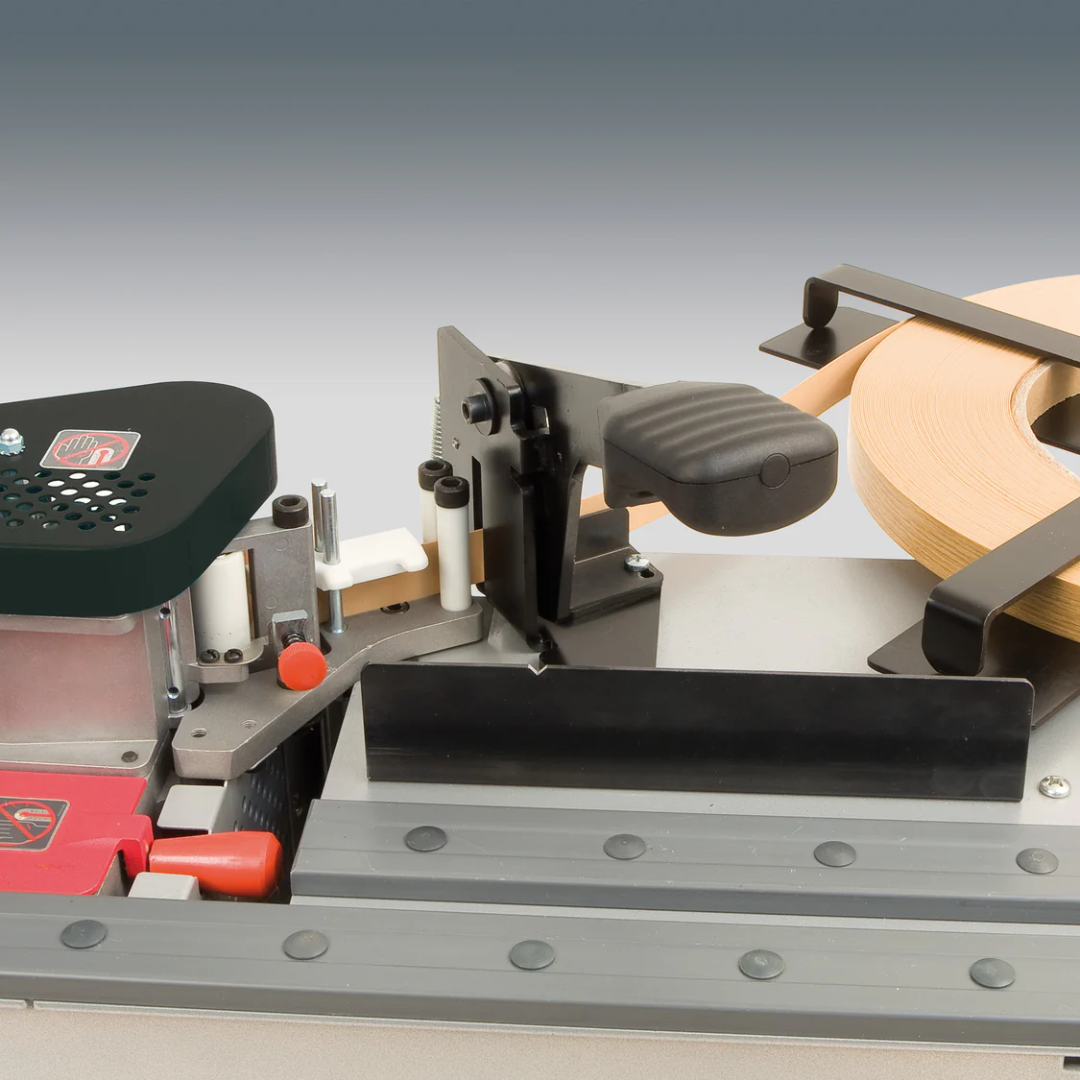 Virutex Hot Melt Edgebander PEB250TRC+ 120V 5050399 close-up of trimming and finishing unit for clean edge results