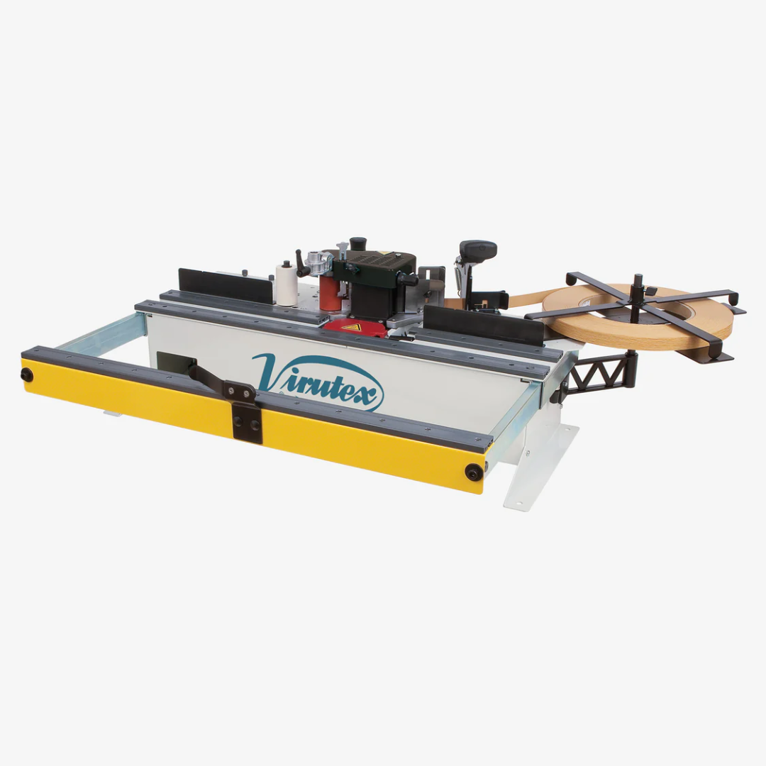 Virutex Hot Melt Edgebander PEB250TRC+ 120V 5050399 showing full machine setup with precision fence and trimming units