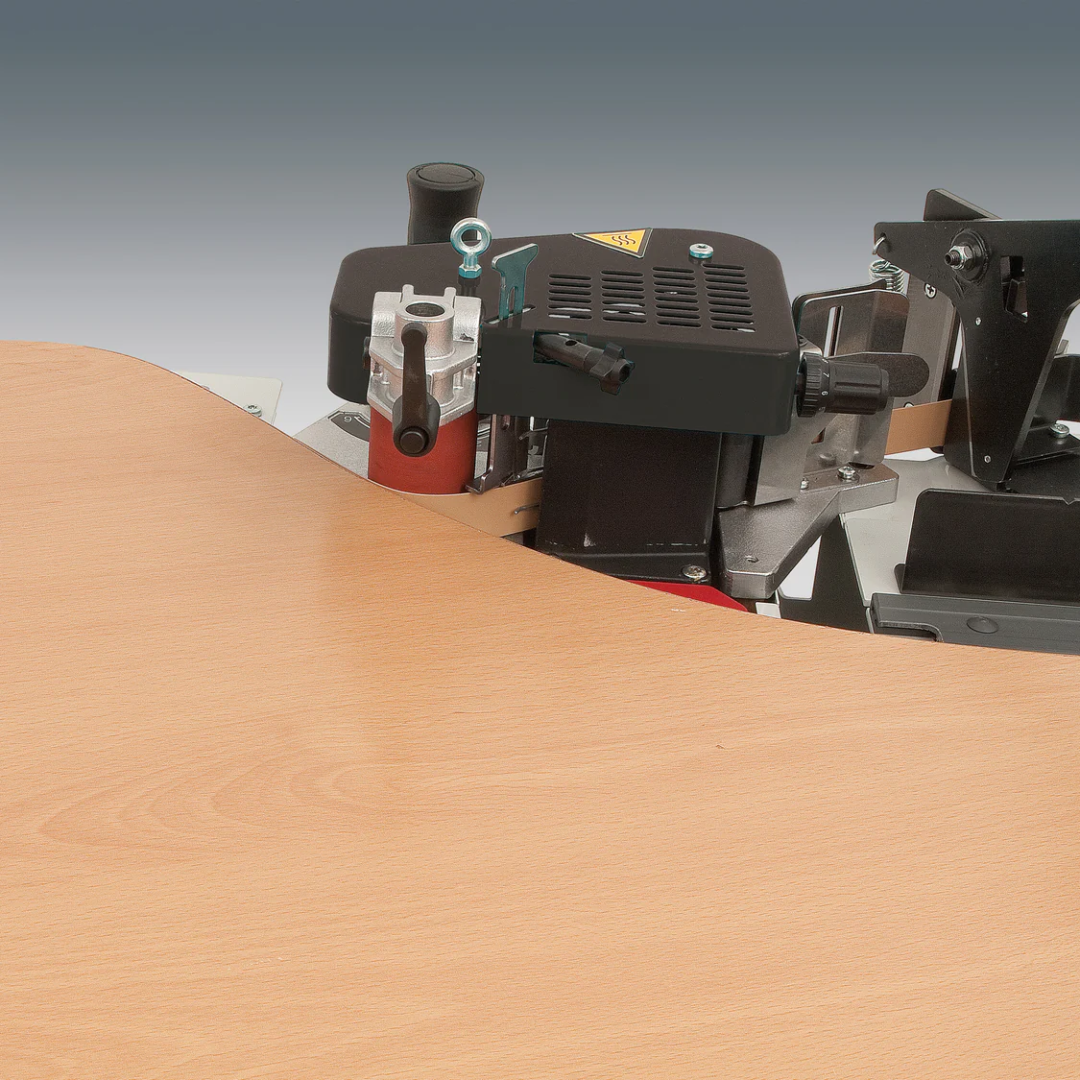 Virutex Hot Melt Edgebander With Table PEB250TA+ 120V 5050499 edge banding process on panel demonstrating clean finishing