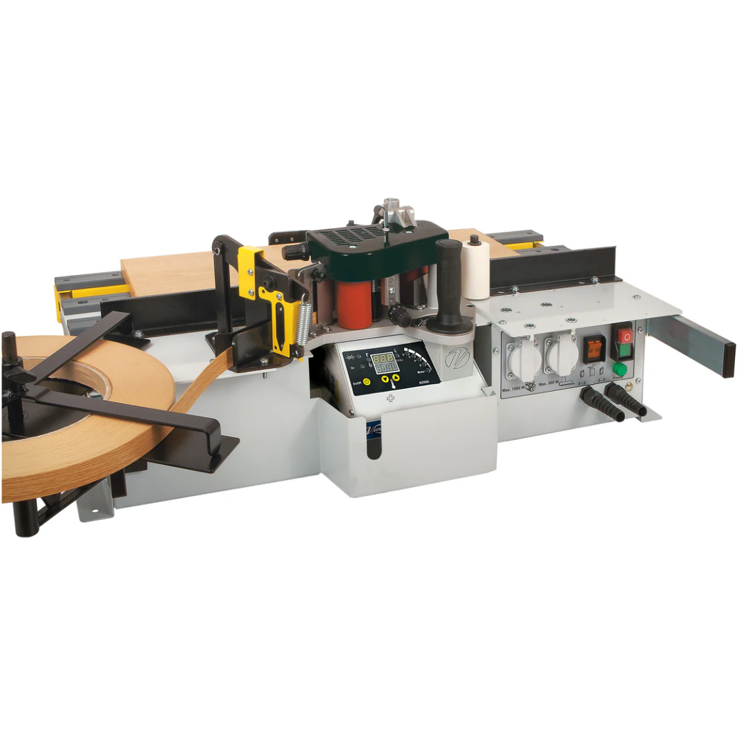 Virutex Hot Melt Edgebander With Table PEB250TA+ 120V 5050499 showing full machine with integrated worktable and guide system.
