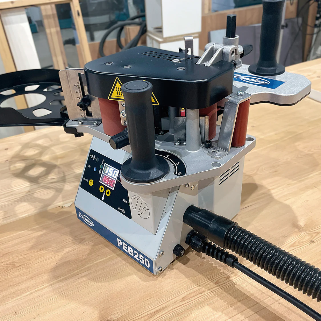 Virutex Hot Melt Portable Edgebander PEB250 Evolution (120V) 5000895 close-up of adjustable guide and trimming mechanism for accuracy.