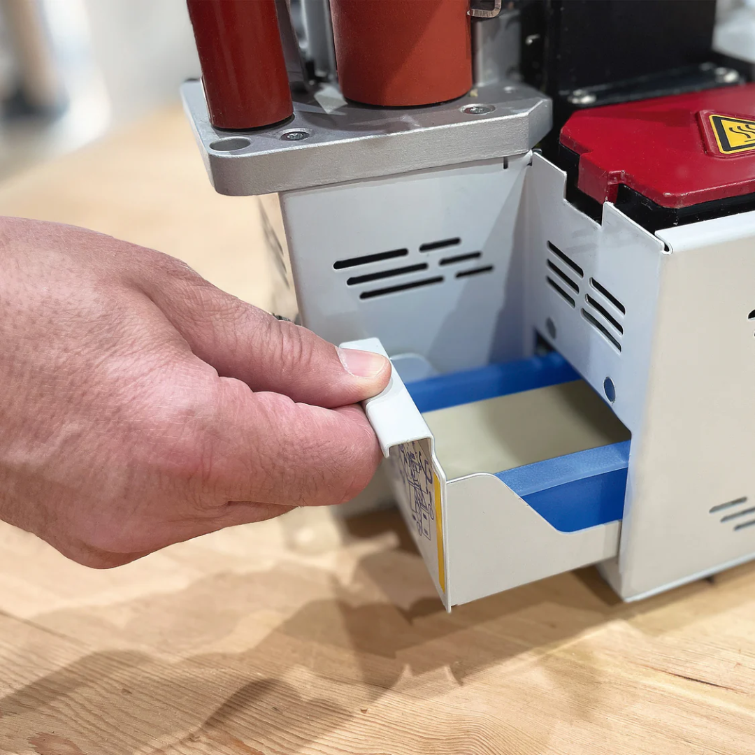 Virutex Hot Melt Portable Edgebander PEB250 Evolution (120V) 5000895 close-up of adjustable guide and trimming mechanism for accuracy