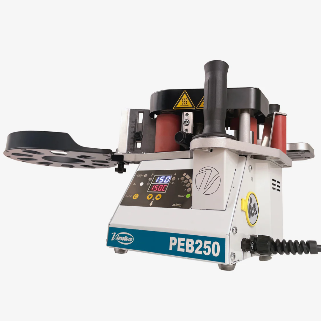 Virutex Hot Melt Portable Edgebander PEB250 Evolution (120V) 5000895 front view showing compact edgebanding machine with control panel and guide system