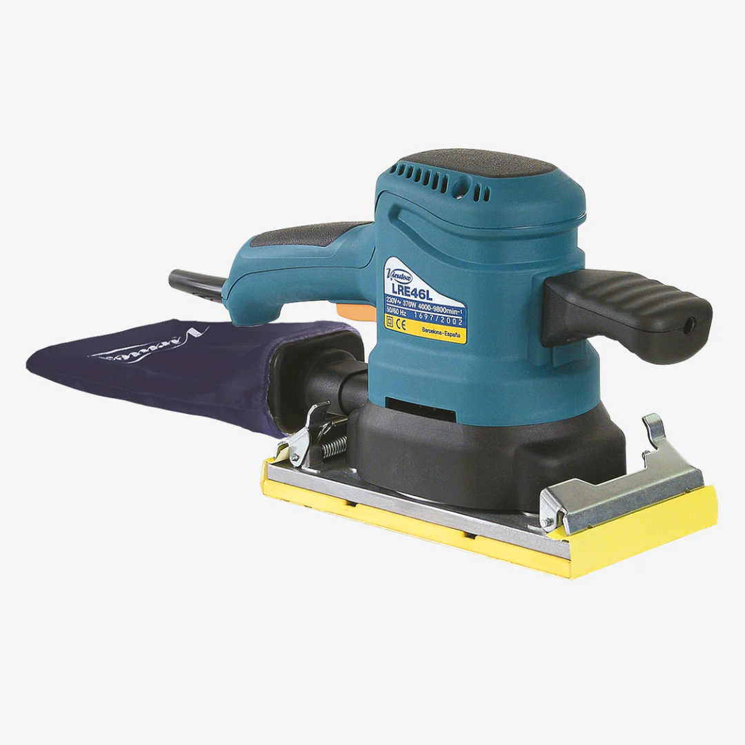 Virutex LRE46L Orbital Sander (120 V) shown in full view with rectangular sanding base, ergonomic handle, and dust collection bag
