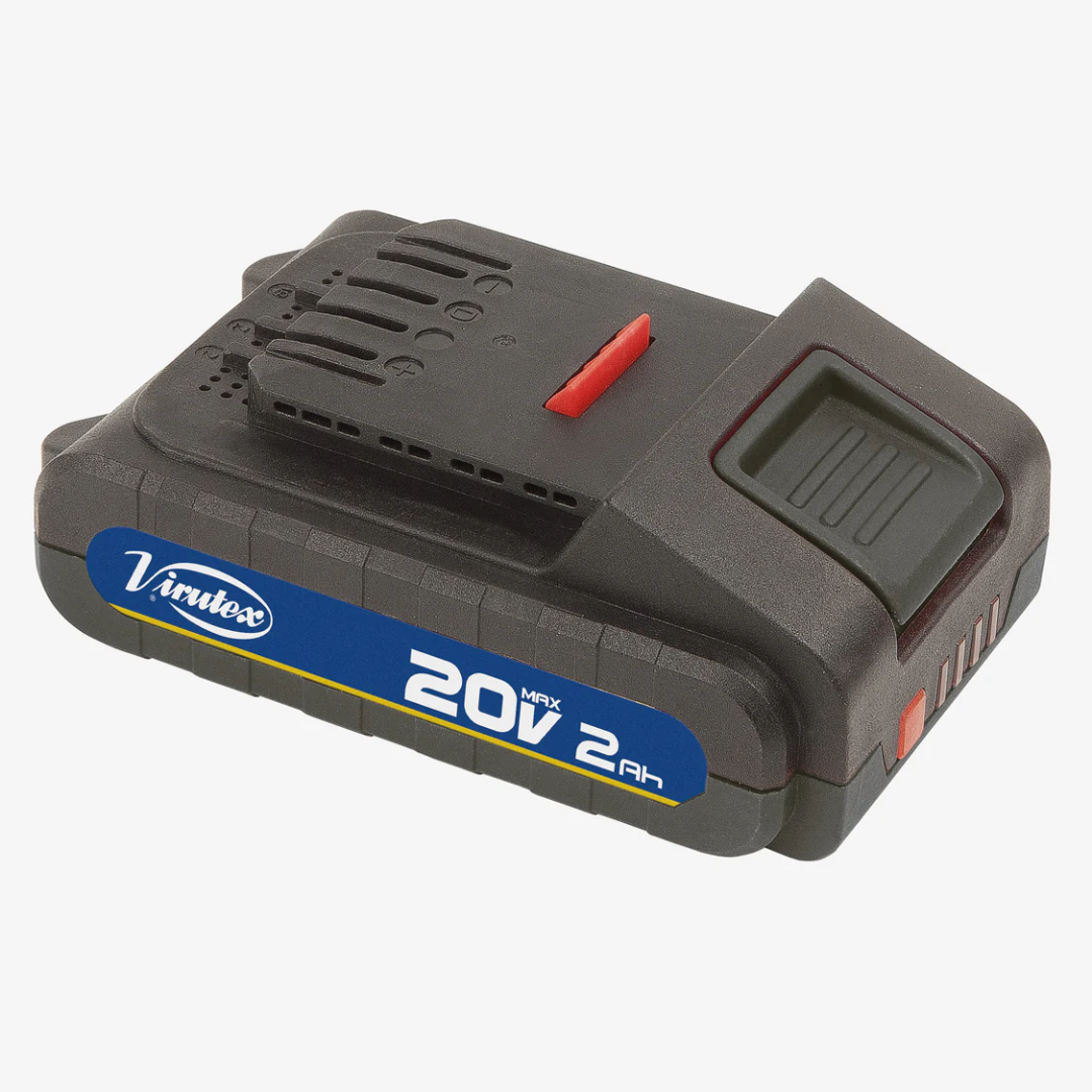 Virutex Li-Ion Battery 20V shown in full view with compact design, release button, and integrated battery level indicator