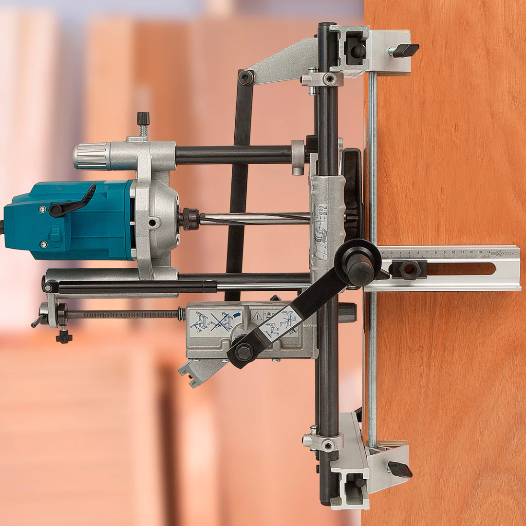 Virutex Lock Mortiser For Doors FC116U 1600395 mounted on door performing lock mortising operation