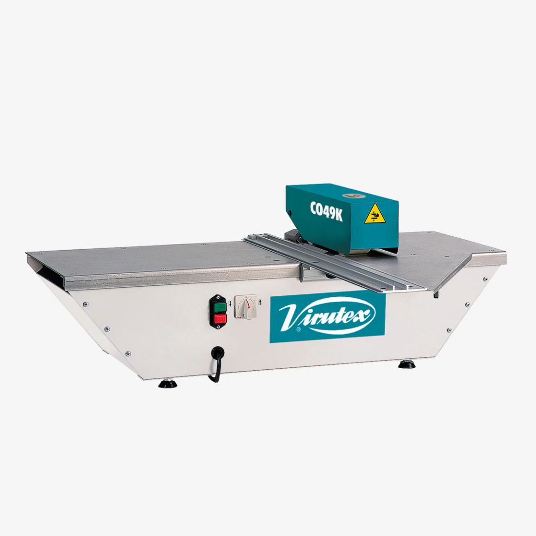 Virutex Motorized Slitter CO49K For Laminates 4900599 front view showing full machine body with precision cutting platform and control switches