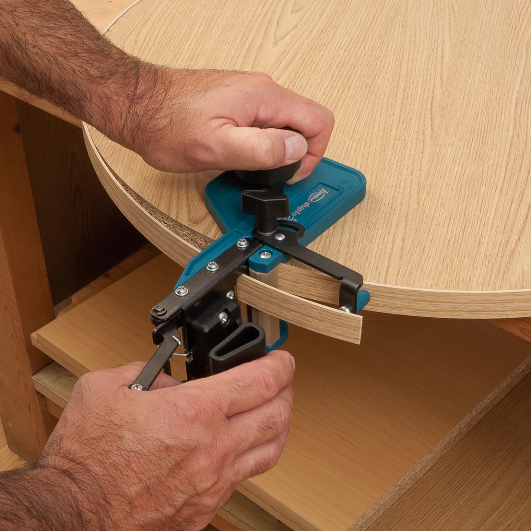 Virutex RC321S Hand End Trimmer For 3 Mm Tape 5245922 close-up of trimming process on curved wooden surface ensuring clean edge finish