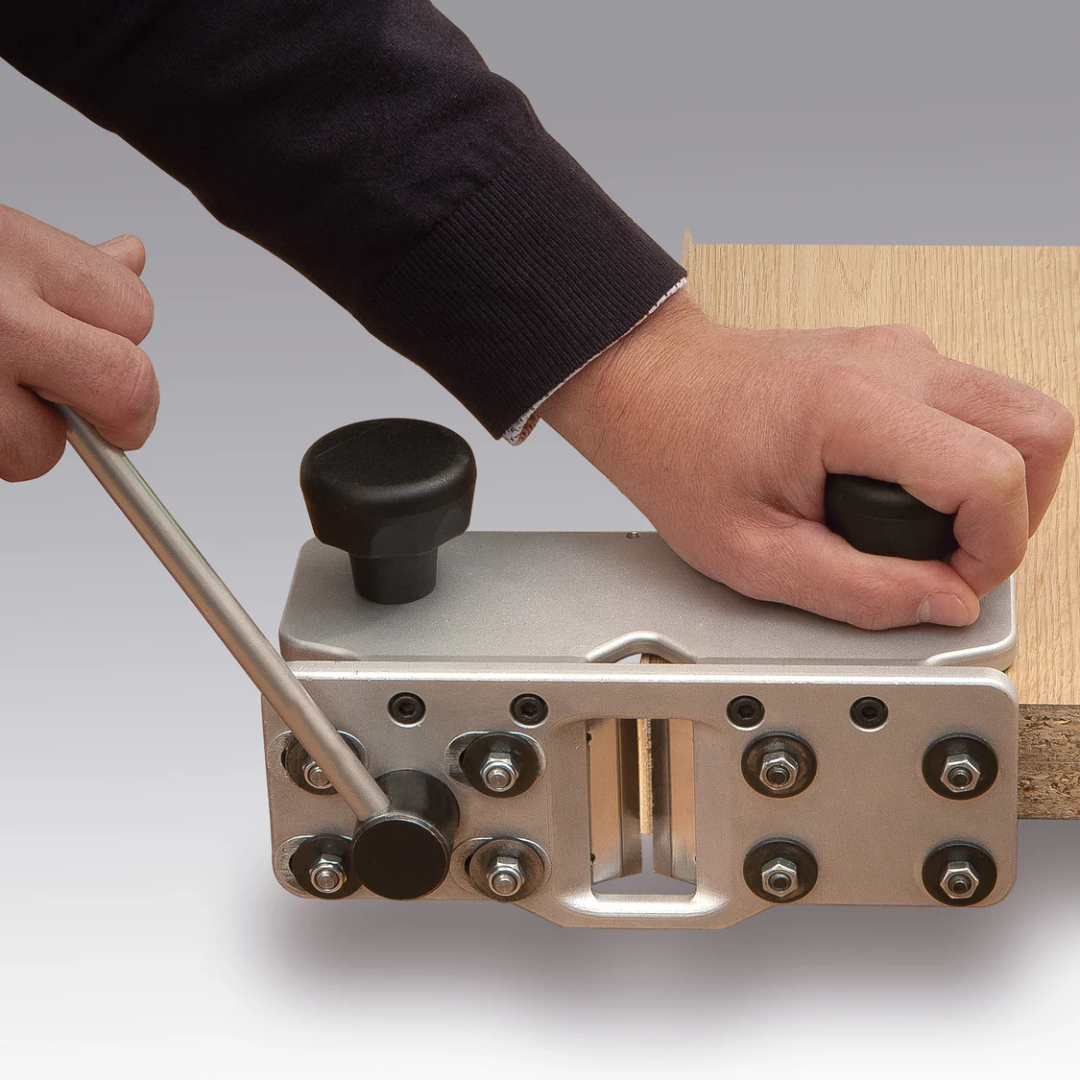 Virutex RC421 Manual End Trimmer For Edgebands Precision Edge Finishing 5246100 in use trimming edge banding on flat panel with controlled manual pressure