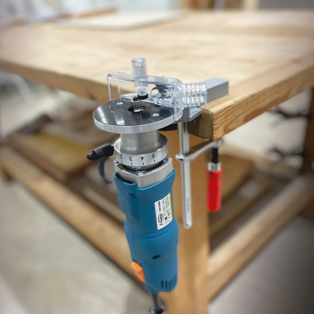 Virutex SA100 Stationary Adapter For FR156N 9200872 demonstrating controlled edge trimming on curved panel surface