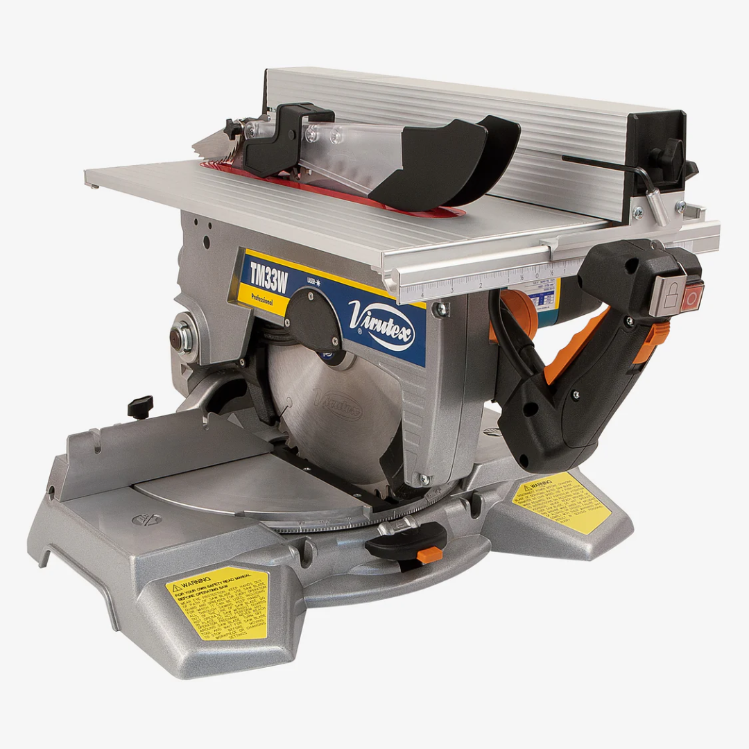 Virutex TM33W Miter Table Saw Combo For Precision Cuts (120V) shown in full view with integrated table saw and miter saw configuration