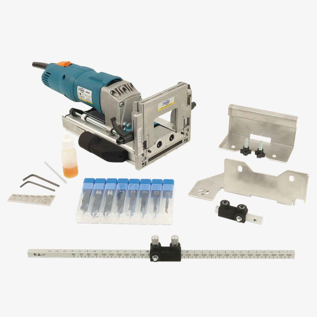 Virutex TWOO AB200 Corded Dowel Jointer (120V) 7900799 complete kit with accessories including drill bits, guides, and attachments for professional woodworking