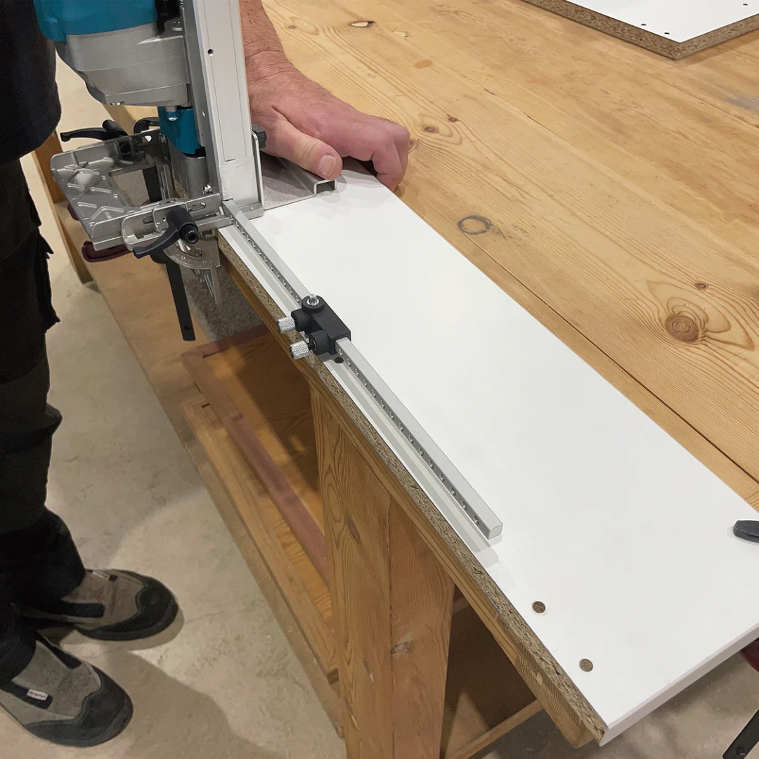 Virutex TWOO AB200 Corded Dowel Jointer (120V) 7900799 mounted on guide system for extended panel joinery and accurate multi-hole drilling operations