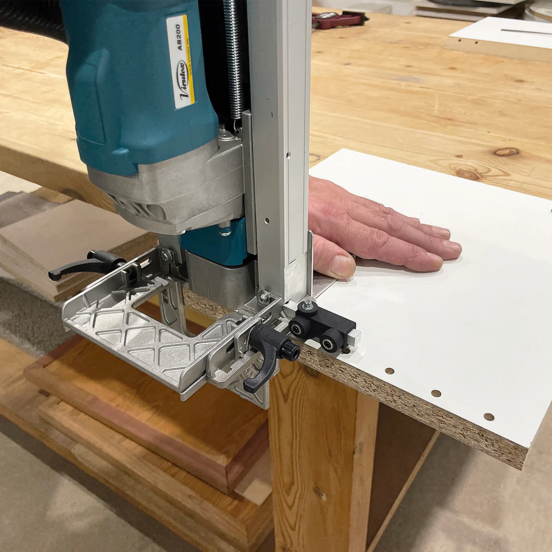 Virutex TWOO AB200 Corded Dowel Jointer (120V) 7900799 vertical dowel joint cutting on panel surface ensuring precise alignment and repeatable results