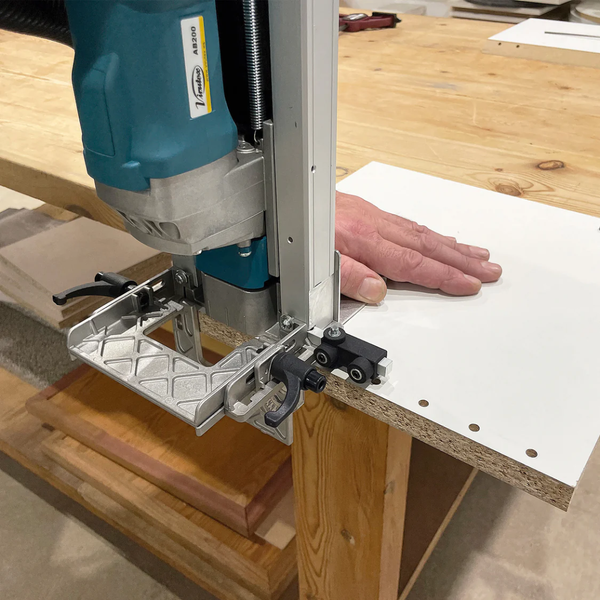 Virutex TWOO AB200 Corded Dowel Jointer (120V) 7900799 vertical dowel joint cutting on panel surface ensuring precise alignment and repeatable results