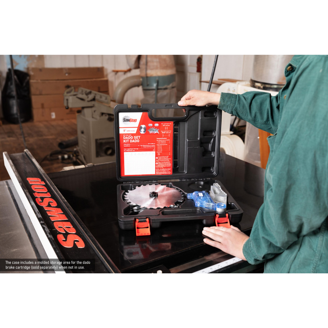 Woodworker using the SawStop Premium Dado Set BTS-DS8-2402 on a SawStop table saw, demonstrating precision dado cutting performance in a professional workshop environment.