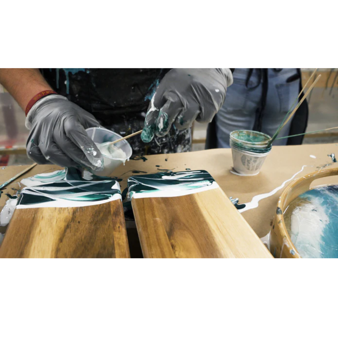 Woodworking project applying a clear epoxy finish with Ecopoxy UVPoxy Epoxy Coating for Woodworkers & Artists.