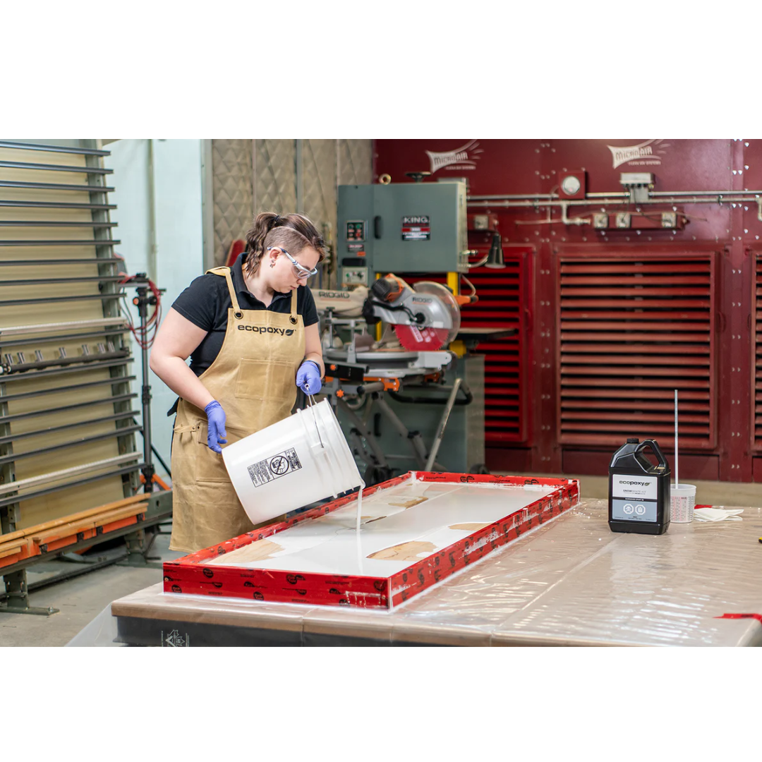 Workshop setup preparing a woodworking epoxy casting project using Ecopoxy SnowWhite EPSWK20‐15L.