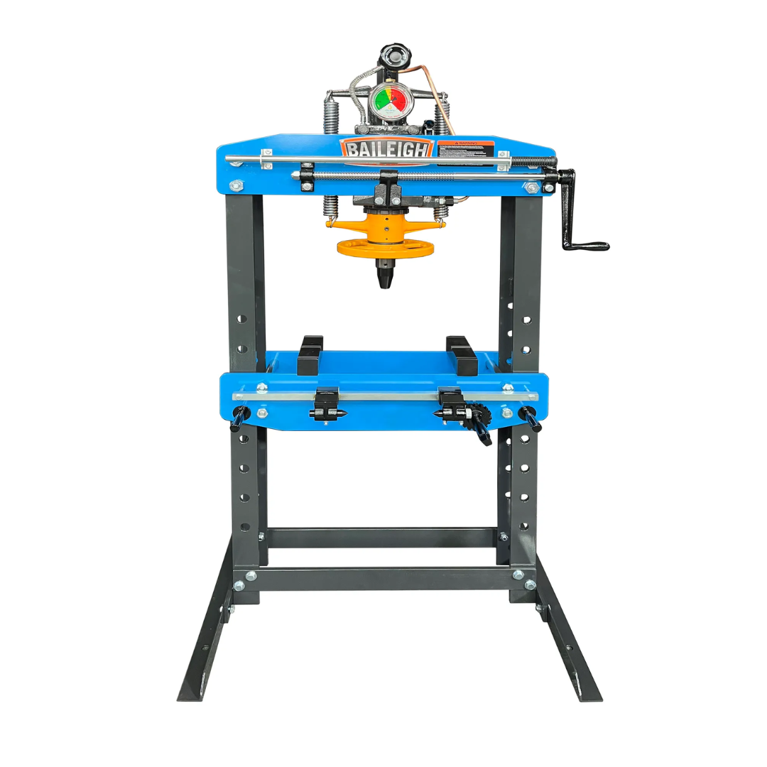 aileigh 15 TON HYDRAULIC SHOP PRESS HSP-15A 1232703 front view showing heavy-duty steel frame, adjustable work table, hydraulic ram, and manual operation handle for precision pressing applications.