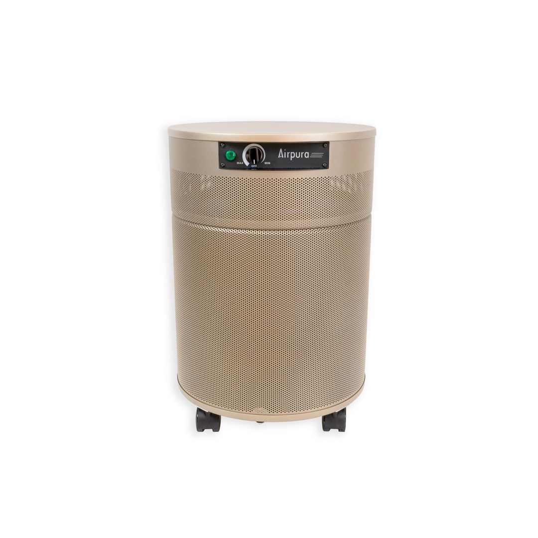 Airpura S600 air purifier, front view, brass/champagne finish