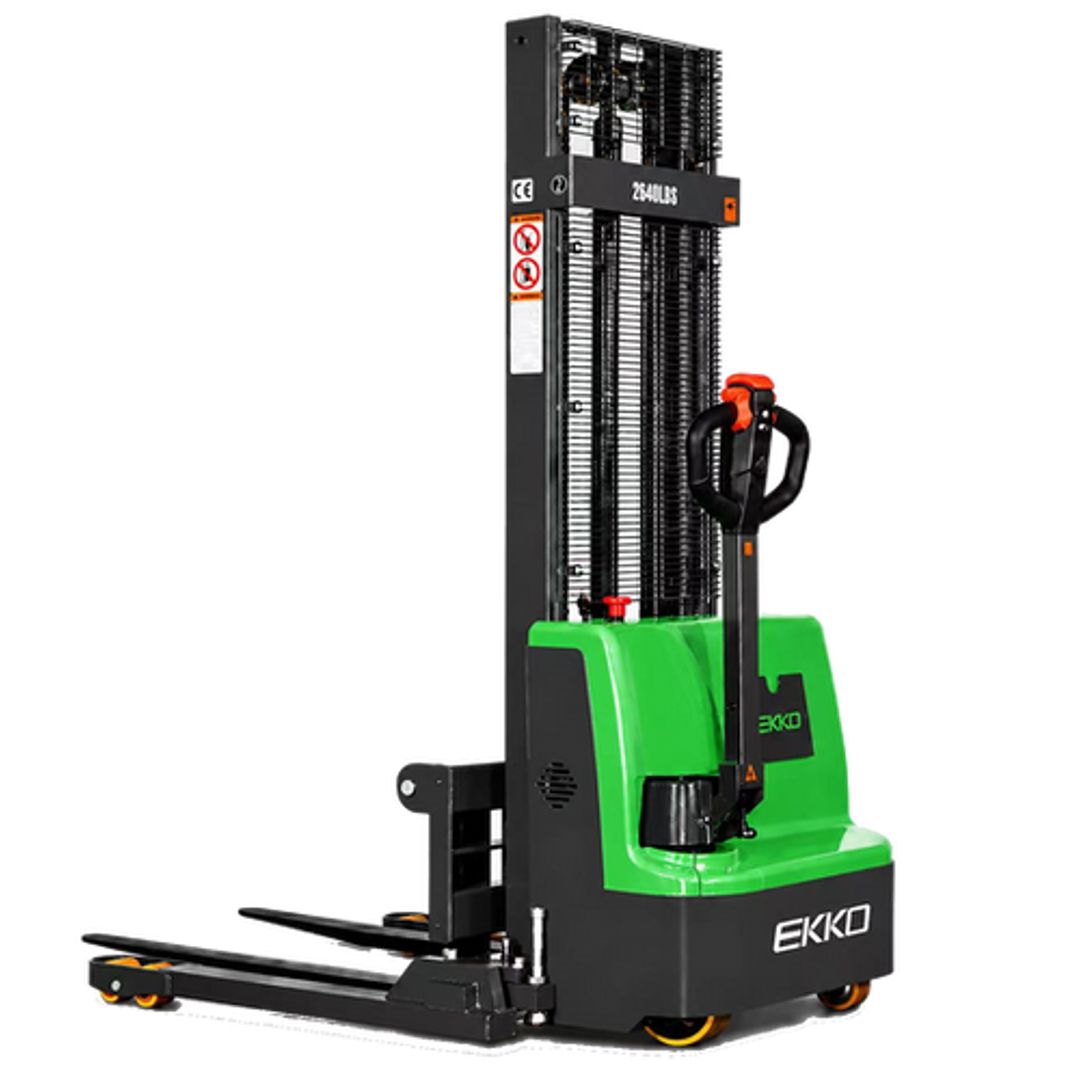 EKKO EB12E-98Li lithium-ion powered straddle stacker for narrow-aisle pallet stacking